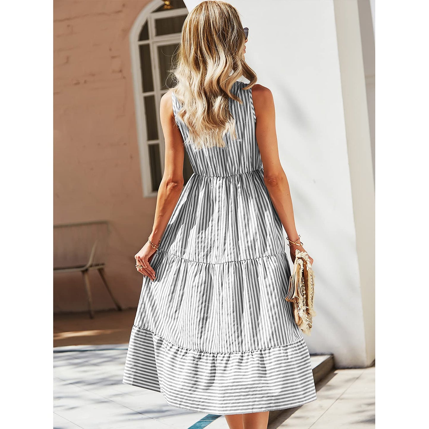 BROVAVE Womens 2025 Summer Sleeveless Shirt Dress Collar Striped V Neck Casual Midi Dresses(Gray, S)