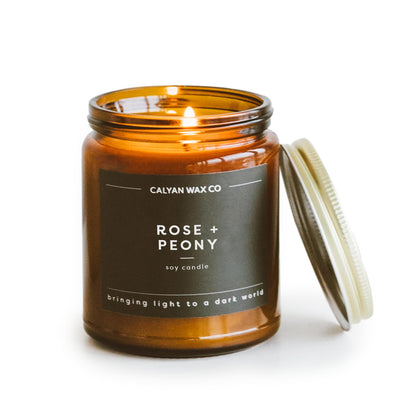 Calyan Wax Co. Rose & Peony Scented Candle - 57 Hour Burn - Luxury Clean Soy Wax Candles - Long Lasting Amber Glass Jar Candle for Home - 7.2oz