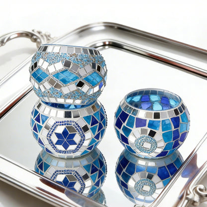 4PCS Mosaic Tealight Candle Holder Set - Blue Mediterranean Glass Votive Candle Holder for Summer Ocean Decor & Diwali Decorationr & Diwali Gift