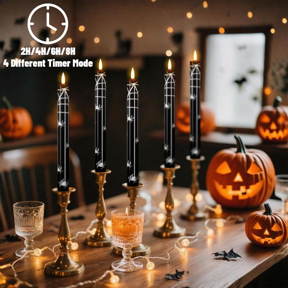 Wondise Black Halloween Flameless Taper Candles with Remote & Timer, Halloween Battery Operated Spider Candles Waxy with 3D Wick Flickering for Halloween Decorations