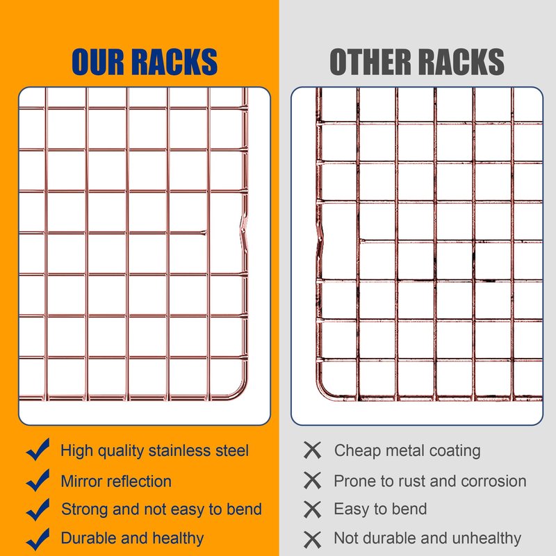 2PCS Cooling Racks for Cooking and Baking - 10" x 16"Heavy Duty Stainless Steel Wire Rack for Baking, Grilling, Roasting - Oven & Dishwasher Safe - Fits Half Sheet Pan（Rose Gold）