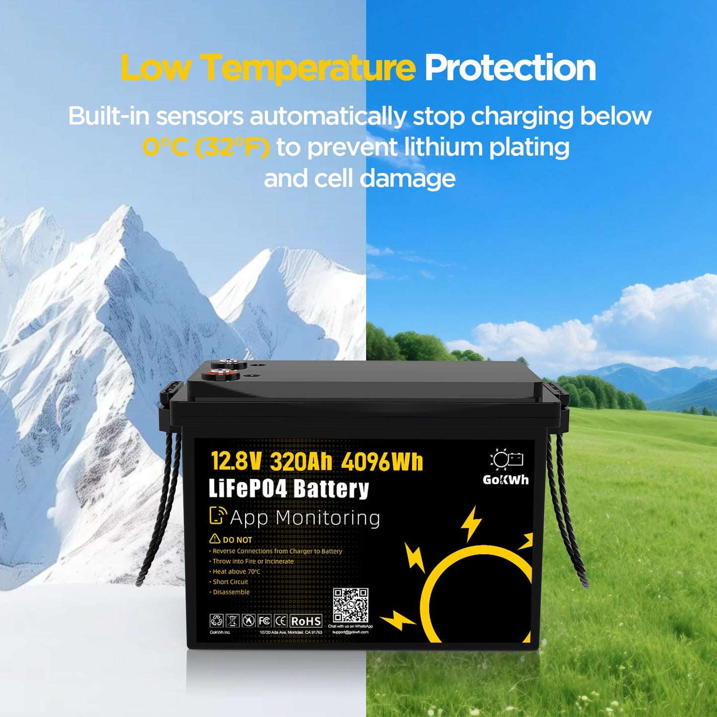 GOKWH 12V 320Ah LiFePO4 Lithium Battery with Smart APP, Bluetooth 5.0 Rechargeable 4096Wh Battery, 200A BMS Up to 8000 Deep Cycle for RVs, Trolling Motor, Solar System, HomeBackup and Off-Grid