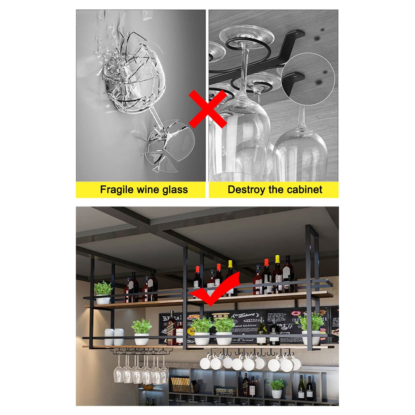 Ceiling Wine Glass Rack - 39.3in Hanging Wine Rack with Glass Holder and Shelf, 2 Layer Industrial Hanging Wine Bottle Holder, Black Metal Ceiling Shelf for Bar Cafe Kitchen (Black, 39.3×11.8×31.4in)