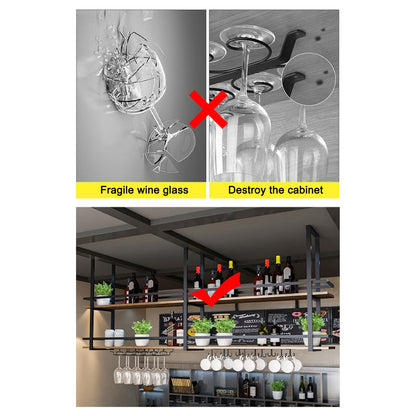 Ceiling Wine Glass Rack - 39.3in Hanging Wine Rack with Glass Holder and Shelf, 2 Layer Industrial Hanging Wine Bottle Holder, Black Metal Ceiling Shelf for Bar Cafe Kitchen (Black, 39.3×11.8×31.4in)