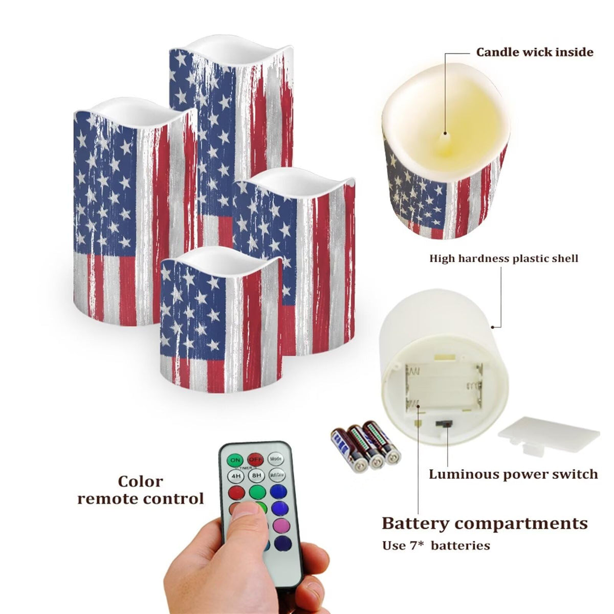 Ystardream American Flag Luminara Candles Battery Operated Candle Blink with Timer, Pillar Embedded Flameless Candle, LED Candle for Wedding Men Women's Gift