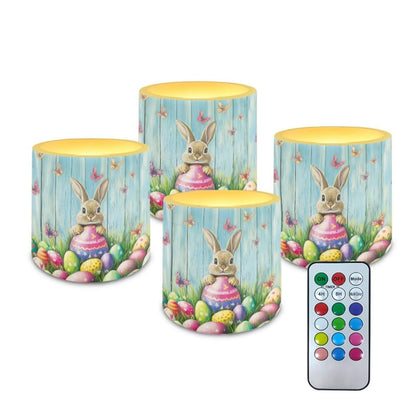 Merkmak 4 Pack Easter Day Flameless Candles with 18-Key Remote Battery Operated Candles with Timer Control LED Pillar Tea Lights for Party Home Decoration, Easter Egg Bunny Butterfly