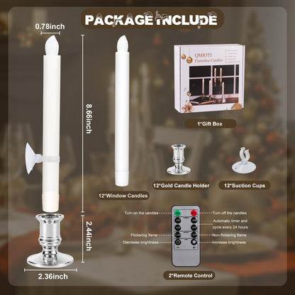 Qmioti 12 Pack Christmas Window Candles, Battery Operated Window Candles with Timer Remote, LED Window Candle with Candle Holders Suction Cups for Christmas Decorations, Silver