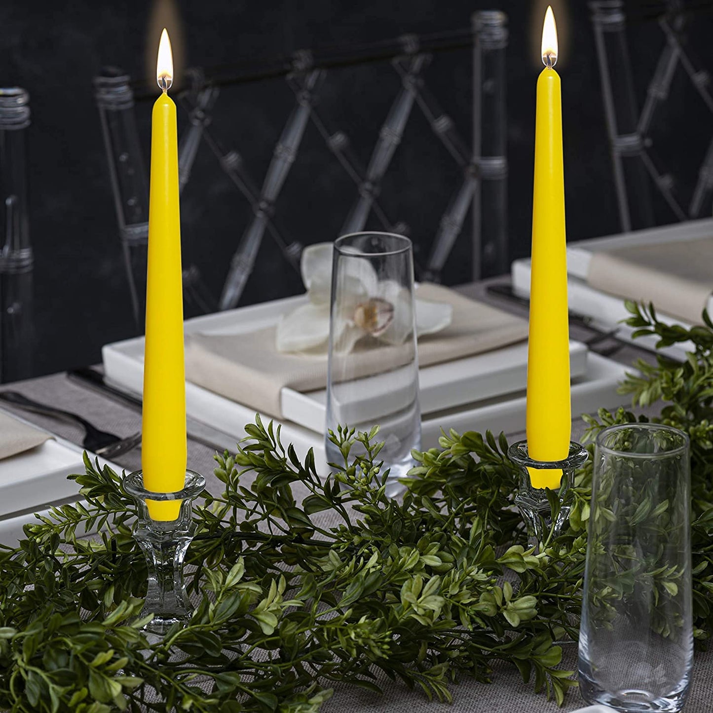 BOLSIUS Yellow Taper Candles - 4 Pack Unscented 10 Inch Dinner Candle Set - 8 Hours Burn Time - Premium European Quality - Smokeless and Dripless Household Wedding, Party, and Home Decor Candlesticks