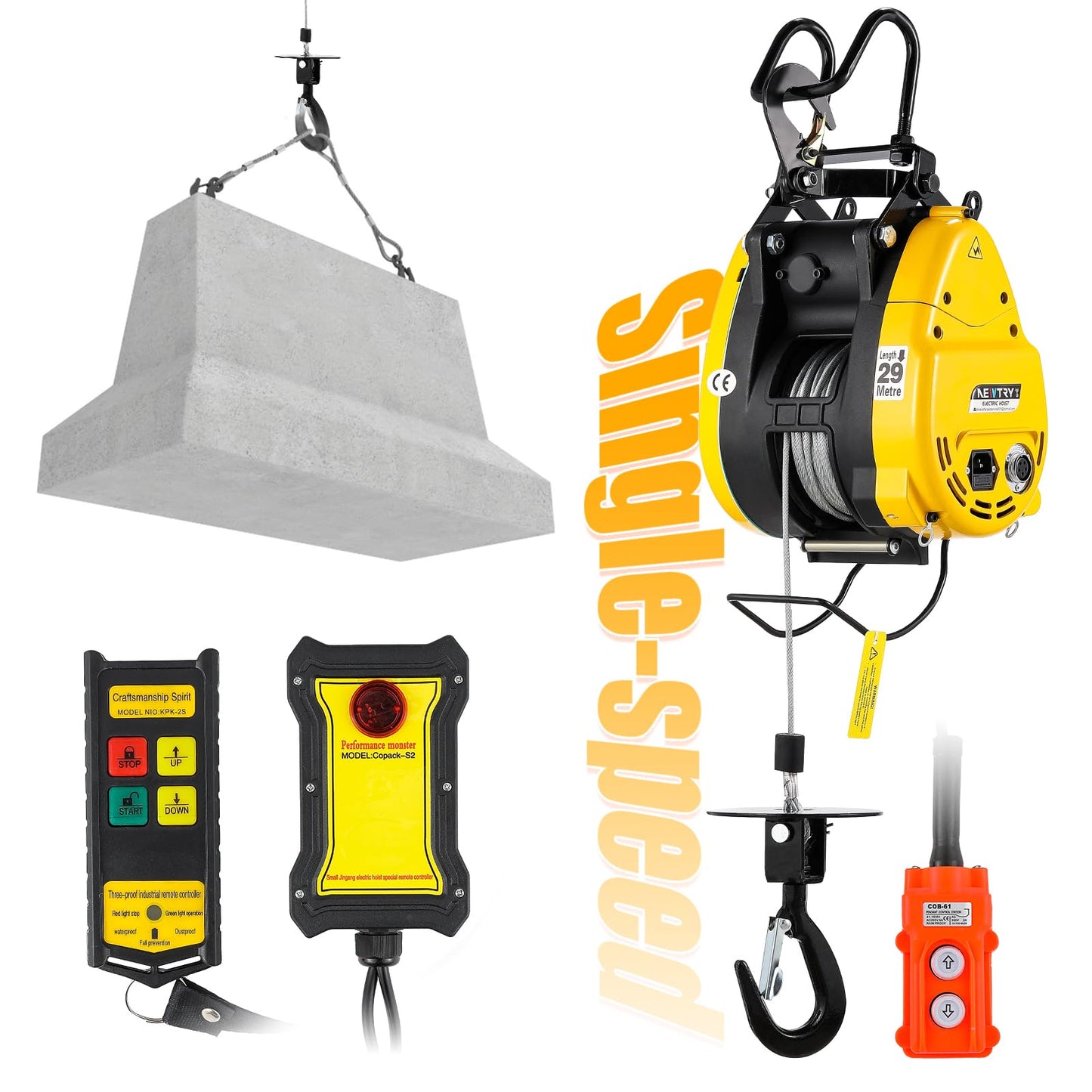 NEWTRY 660lb Electric Hoist RapidRise PRO, 62ft/min Fast Electric Winch with Pendant & Wireless Control, 98ft Lifting Height, 1600W Lift Hoist for Garage, DIY, Workshop, Home 110V