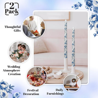 Blue and White Porcelain Taper Candles 10 Inch Print Candle Handmade Unscented Peony Pattern Long Candles 2 Pack Twisted Candlesticks for Wedding Home Decoration Gifts