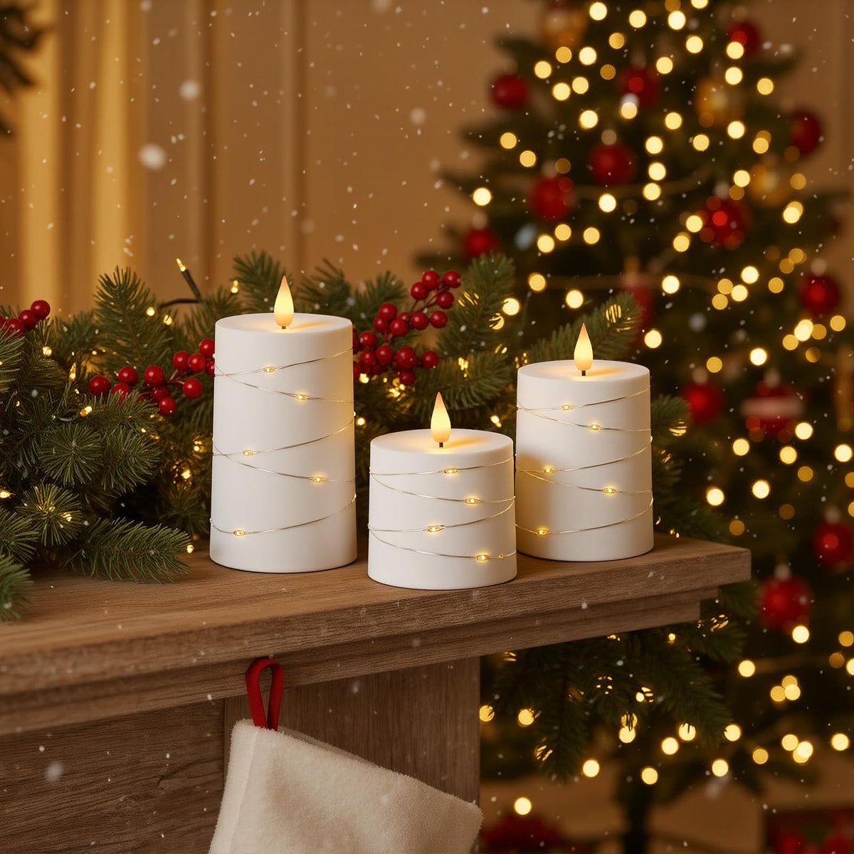 Raycare Flameless Candles with Remote Timer, Flickering Battery Operated LED Pillar Fake Candle with String Lights for Home Decor, Christmas, Wedding and Gift, White, Set of 3