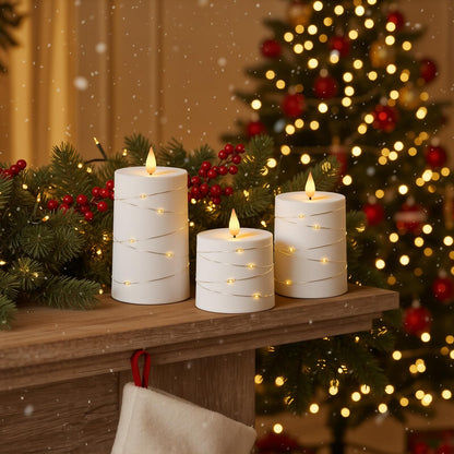 Raycare Flameless Candles with Remote Timer, Flickering Battery Operated LED Pillar Fake Candle with String Lights for Home Decor, Christmas, Wedding and Gift, White, Set of 3