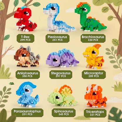 HIGH GODO Dinosaur Party Favors Dinosaur Toys 9 Pack Mini Dinosaurs Building Blocks Sets Goodie Bags Stuffers Gifts for Adults Teens Age 14+