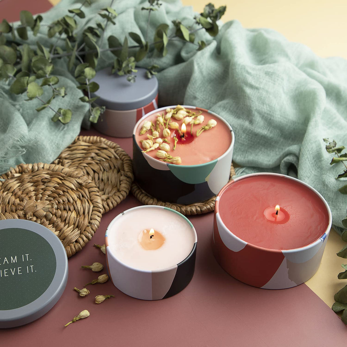 Hearth & Harbor Tin Candle Jars for Making Candles - DIY Candle Containers with Lids - Metal Candle Jars - Bulk Tins Storage for Candle - (24 Pieces) - (8 Ounces) - Artistic Floral
