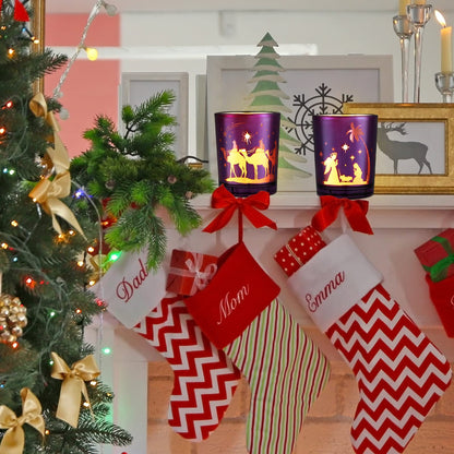 4 Pcs Christmas Advent Candle Holder Nativity Scene Candle Holder Glass Purple and Pink Tealight Candle Holders for Holiday Xmas Wedding Church Home Decor, 4 Styles