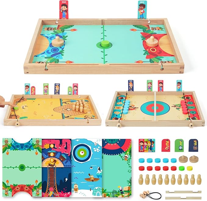 QZMTOY Large Fast Sling Puck Game Air Hocky Table Game Bowling Games -10 in 1 Family Games for Boys GirlsTeensAdultsWooden Hockey Board Game for 3+ Years Old Kids