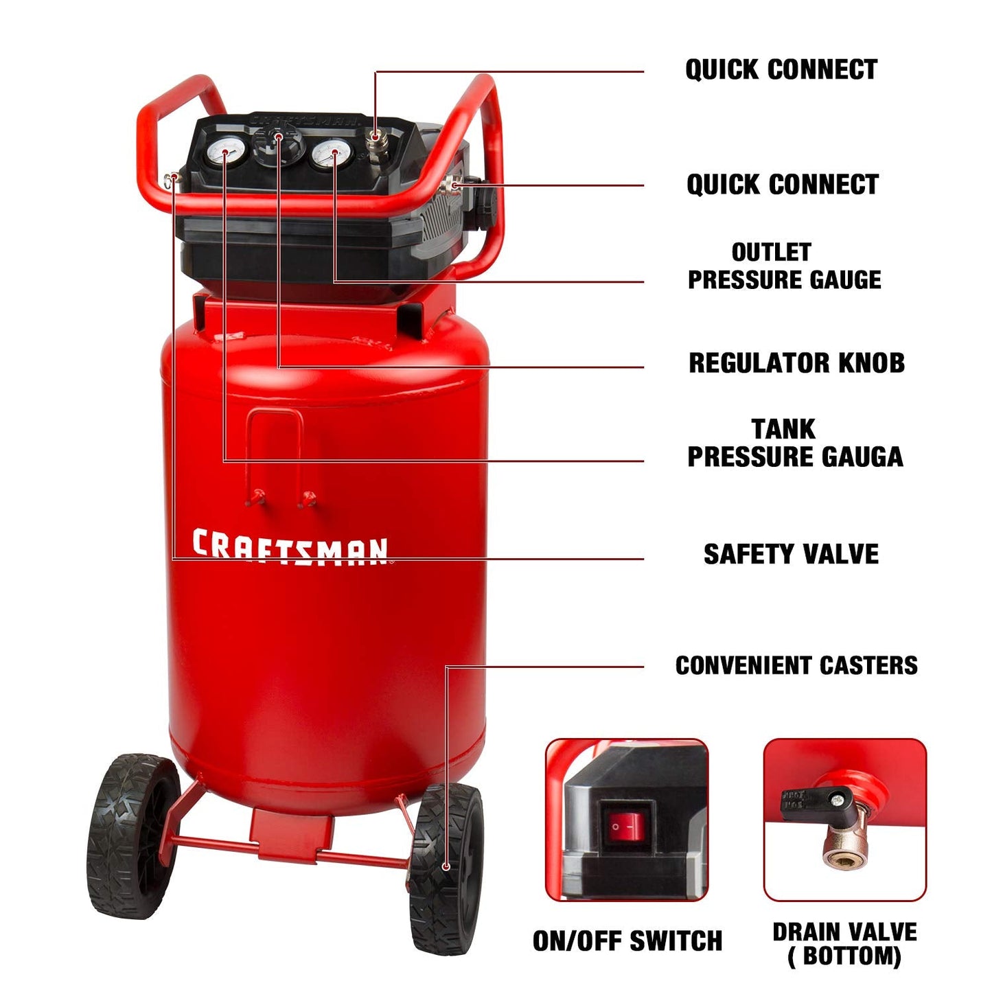 Craftsman Air Compressor, 20 Gallon Oil-Free 1.8 HP Max 175 PSI Pressure Two Quick Couplers Big Capacity, Red- CMXECXA0232043