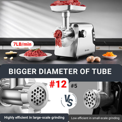 AAOBOSI #12 Meat Grinder, [3000W] 3 Speed Meat Grinder Heavy Duty: Built-in Storage Box, 2 Blades,4 Plates,3 Sausage Stuffers,Kibbe Kit,Meat Claw & Burger Press, for Home & Kitchen Use