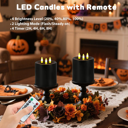 Large 3 Wick Flameless Candles Set of 2, 4"x4" Flickering LED Candles with Remote & Timer, Dimmable Real Wax Electric Pillar Candles Battery Operated, Black Candles Light for Home Halloween Decor