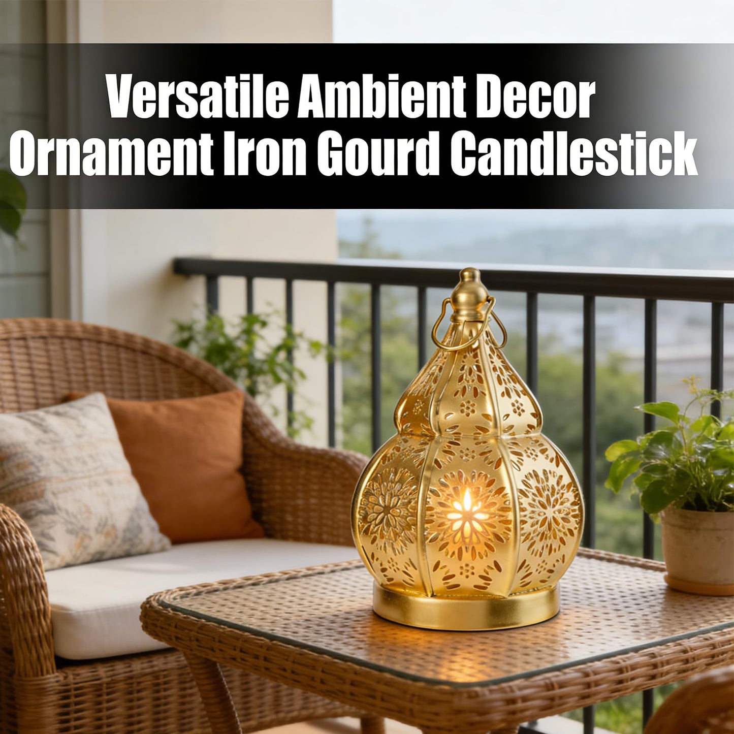 1pcs Iron Gourd Hollow Candle Holder Projection Ambient Decor for Home Garden Courtyard Decorative Ornament (Black)