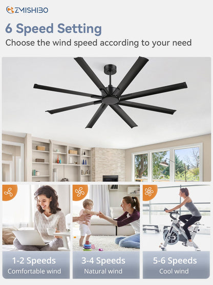 ZMISHIBO 72 Inch No Light, Large Industrial Ceiling Fan with 8 Aluminium Blades, Quiet DC Motor, 6 Speeds, Modern Ceiling Fan without Light for Garage/shop/living room,Black