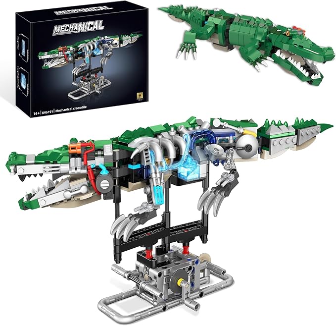 Kinetic Mechanical Crocodile Building Kit - Light-Up Interactive Animal Model with Hand-Crank Moving Jaw Claws &amp Tail - STEM Construction Toy for Kids &amp Adults
