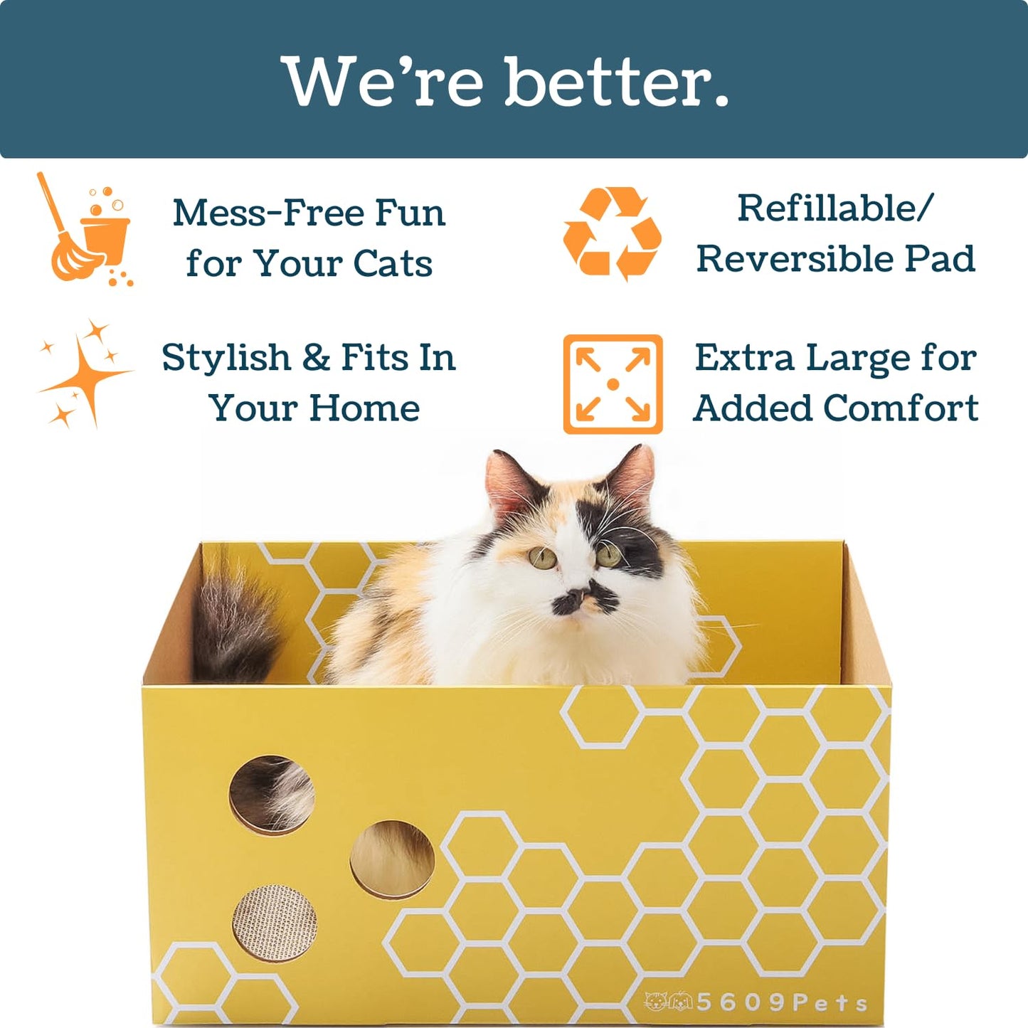 5609PETS Heavy Duty Cardboard Cat Scratcher Box with Refillable Double-Sided Cat Scratching Board for Indoor Cats