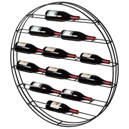 MyGift 12-Bottle Modern Black Metal Round Wall Mounted Wine Rack – 6-Tier Horizontal Storage Shelf for Kitchen, Living Room & Wine Cellar – Space-Saving Wall Decor & Cork Preservation