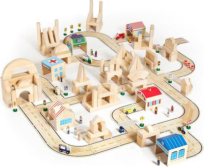 Guidecraft Community Buildings: Set of 6 Wooden Block Play Buildings (Fire Station Police Department Hospital School Grocery Store &amp Service Station)