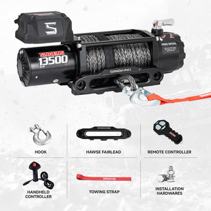 SINOKING 13500 lb Electric Winch for Jeep, Truck, SUV, Trailer Winch & Boat Winch – Heavy Duty Synthetic Rope 12V Winch, Waterproof Towing Winch with Wireless and Wired Remote