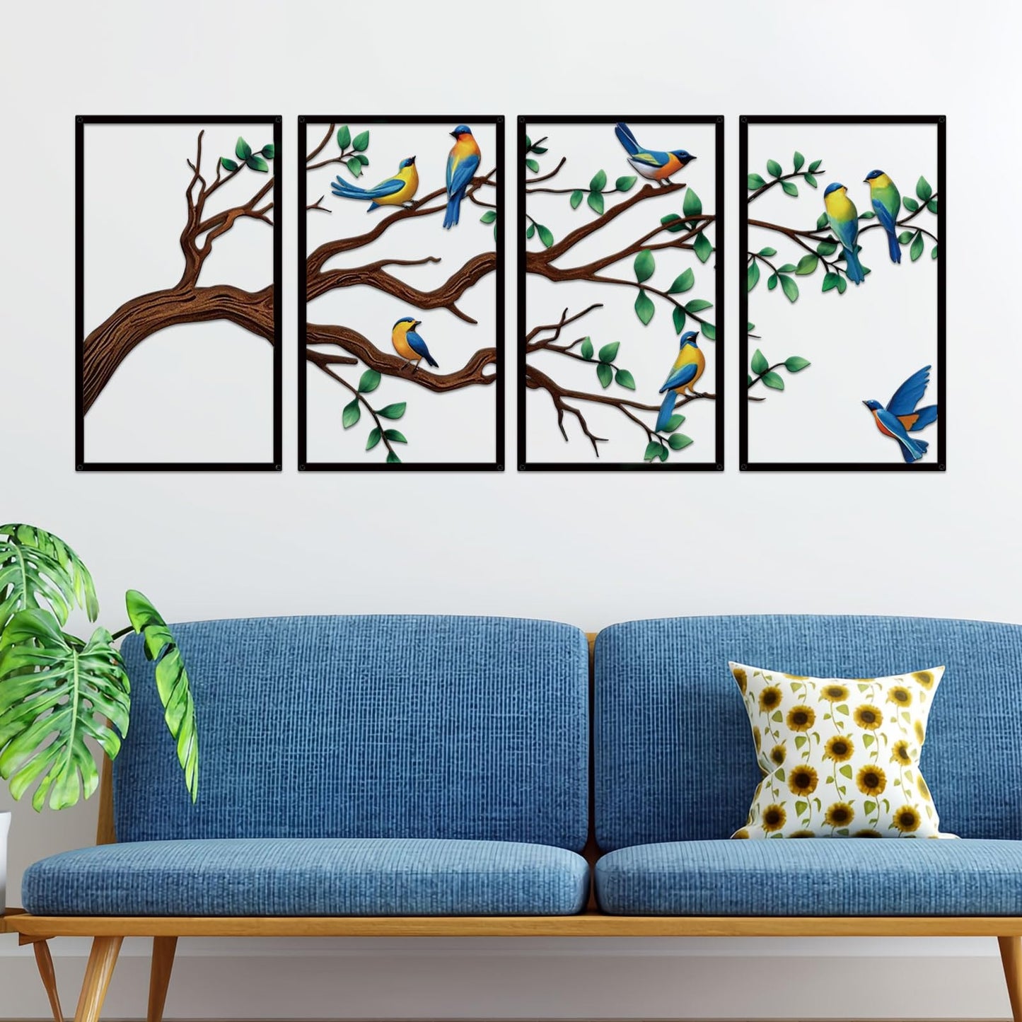ruelen 4 Pieces Large Metal Birds and Branch Wall Art, Tree of Life Metal Wall Art, Colorful Leaves with Birds Silhouette Hanging Wall Sculpture for Living Room Home Bedroom Indoor Outdoor (Large)