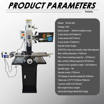 LGXEnzhuo 1300W Milling Drilling Machine R8 Taper Drilling Milling Lathe 50-2250RPM Brushless Motor with 27.5" x 7" Workbench for DIY/Metal/Wood Working 110V