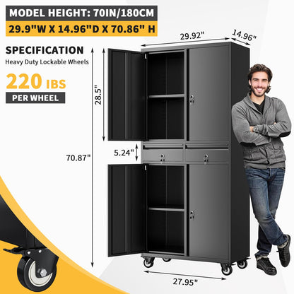 Metal Garage Storage Cabinet with 4 Wheels and 2 Drawers, 72" Heavy Duty Rolling Tool Storage Cabinet Organizer, Locking Doors and Adjustable Shelves for Garage, Workshop, Office, Warehouse