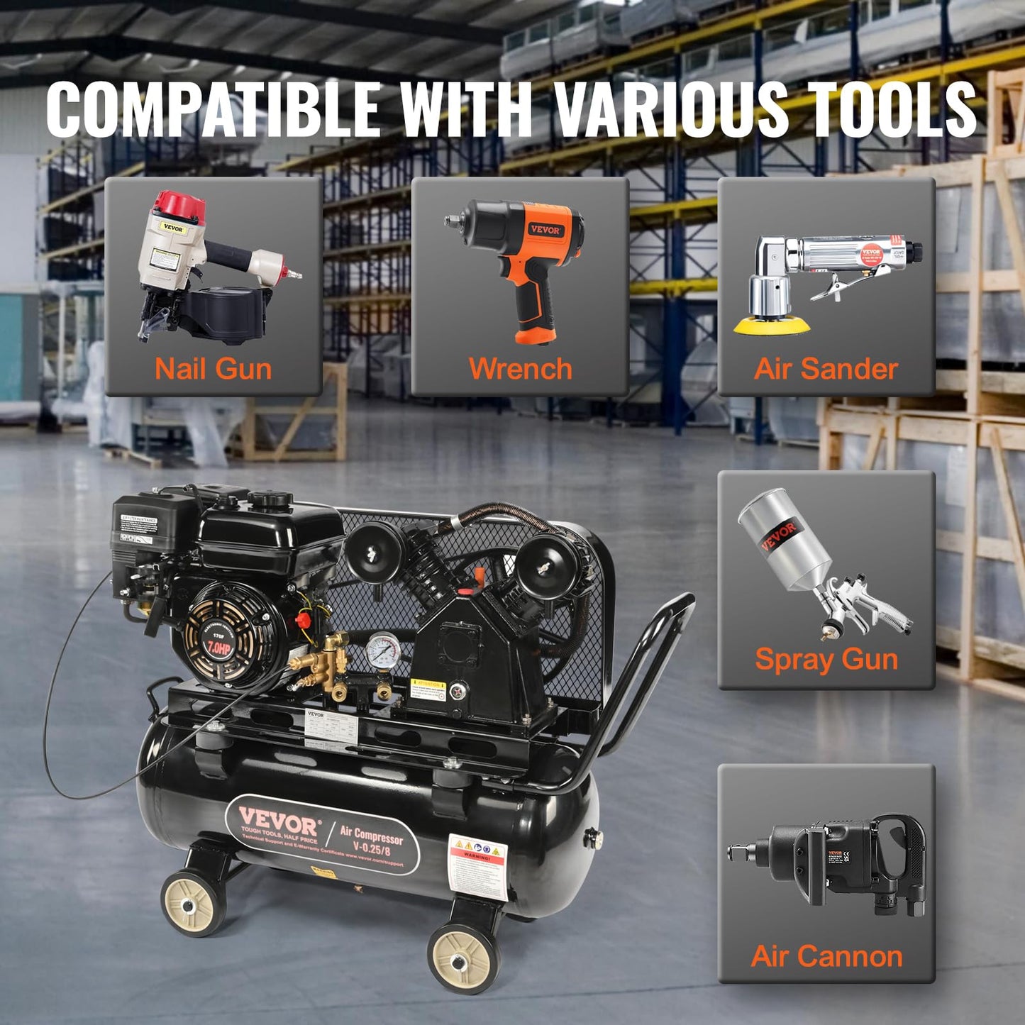 VEVOR 13.2 Gallon Gas Powered Air Compressor, 7HP 9CFM@115PSI Air Compressor Tank on Wheels, Gas Driven Piston Pump Air Compressed System with 115PSI Maximum Pressure for Workshop Construction Sites