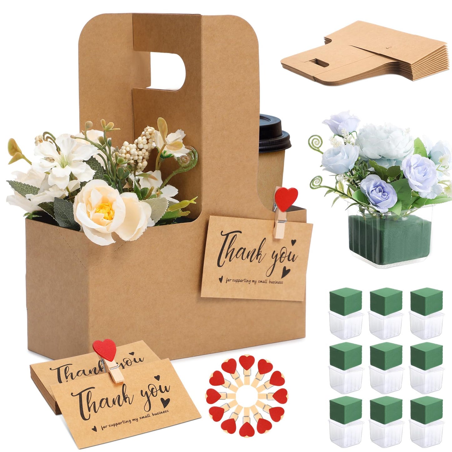 Chunful 15 Set 2 Cup Disposable Drink Carrier with Thank You Card for Graduation Teacher Gifts Flower Foam Plastic Liner Clip Cardboard Cup Holder with Handle for Hot Cold Drinks Wedding