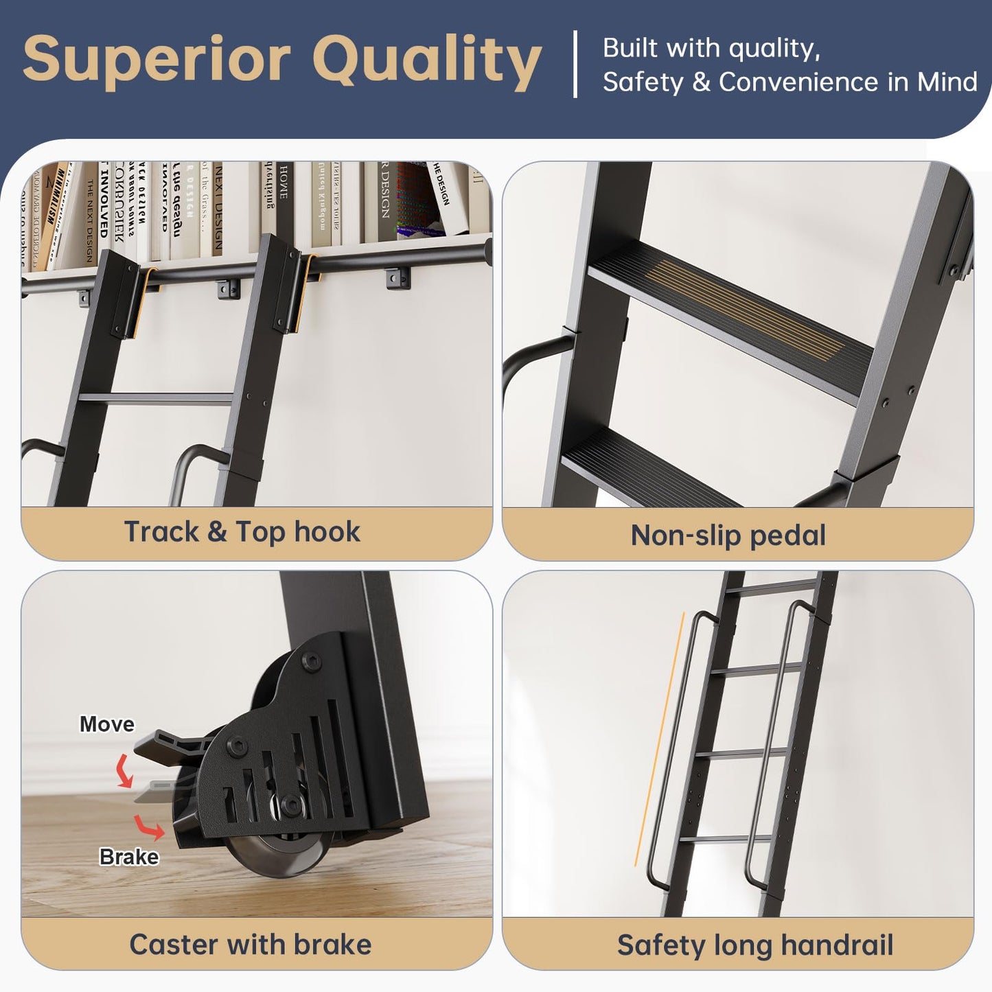 CEAKIAN 9FT Aluminum Rolling Library Ladder with 4FT Sliding Hardware Kit,Telescopic Hook Track with Brake Wheel,8 Steps with Handrail,450lbs Capacity,Black,Easy Assembly,for Loft Bookcase Attic Home