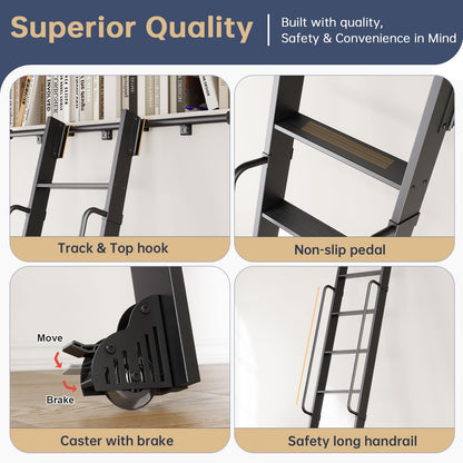 CEAKIAN 9FT Aluminum Rolling Library Ladder with 4FT Sliding Hardware Kit,Telescopic Hook Track with Brake Wheel,8 Steps with Handrail,450lbs Capacity,Black,Easy Assembly,for Loft Bookcase Attic Home