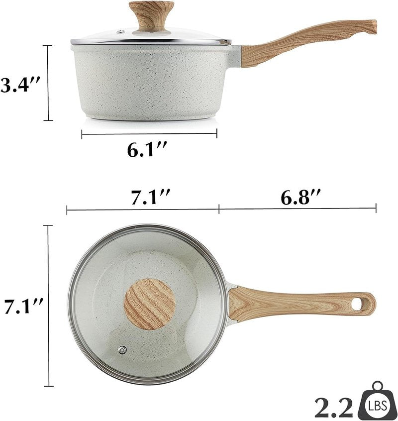 SENSARTE White Ceramic Nonstick Saucepan with Lid Set, Small Cooking Pot with Stay Cool Handle, Induction Compatible Saucepot, White Granite Coating, PFOA/PFAS Free, 2.0 + 2.5QT