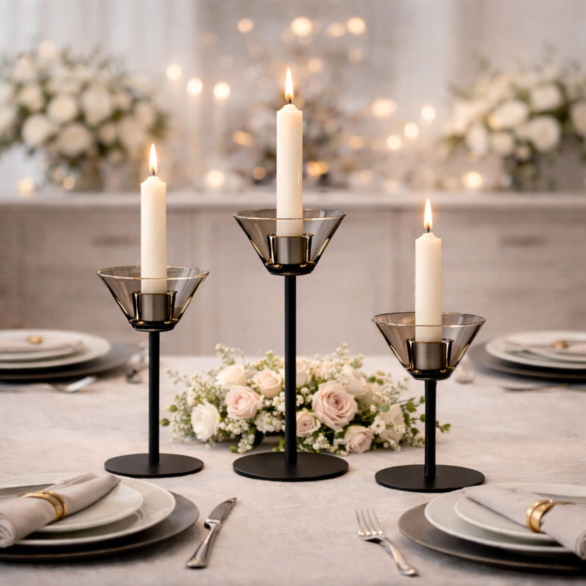 Smytle Smoke‑Gray Candlestick Holders, Set of 3 Smoked Glass Candleholder Sets with Weighted Metal Base, Modern Minimalist Taper Candle Holders for Fireplace Mantel and Table Decor