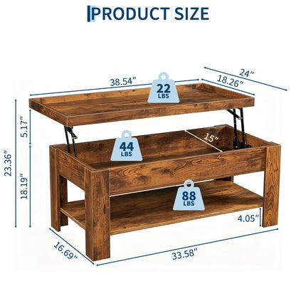 Lift Top Coffee Table with Hidden Storage, Modern Rising Tabletop Desk for Small Spaces, Wood Center Table with Large Compartment and Shelf for Living Room Apartment Dorm