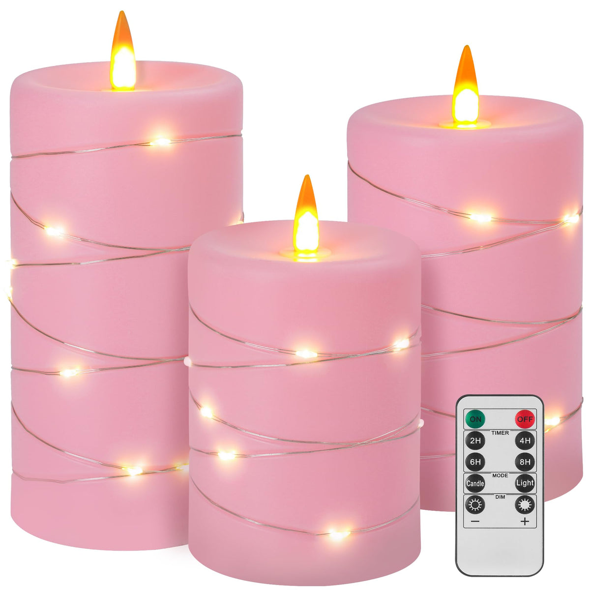 Fanzir Rose Pink Flameless Candles with String Lights Battery Operated Flickering LED Pillar Candles with Remote Control Timer, Set of 3 for Living Room, Table Décor, Christmas Weddings