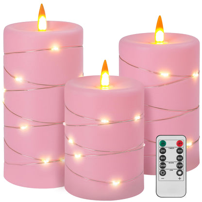 Fanzir Rose Pink Flameless Candles with String Lights Battery Operated Flickering LED Pillar Candles with Remote Control Timer, Set of 3 for Living Room, Table Décor, Christmas Weddings