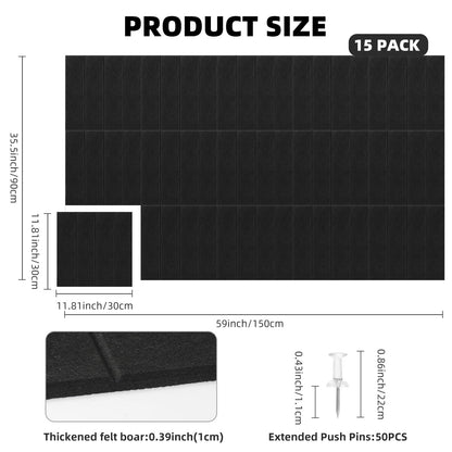 Large Felt Bulletin Board 59" x 35.5" 15 Pack Self-Adhesive Modular Felt Tiles, Cork Board Alternative for Wall, Acoustic Soundproof Panels for Home Office Classroom Decor with 50 Push Pins(Black)