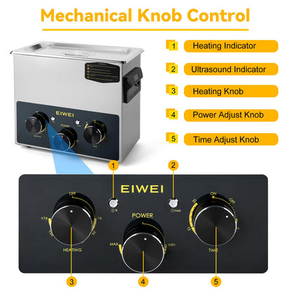 EIWEI 3L Ultrasonic Cleaner Professional Power-Adjustable Knob Jewelry Cleaning Machine with Heater Timer for Carburetor, Jewelry, Glasses, Dentures, Circuit Boards, Automotive Parts