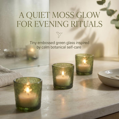 6 Pack Hummingbird Embossed Glass Candle Holders Votive Tealight Holders with Patent Design, Decorative Cups for Wedding Centerpieces, Parties, and Home Decor (Moss Green)