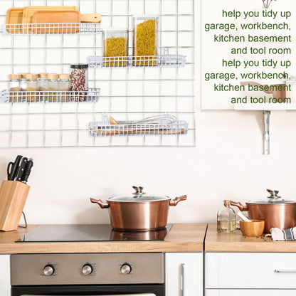 Blulu 4 Pcs 15.75 x 5.91 x 1.97 Inch Metal Grid Wall Baskets with Hooks Grid Wall Shelves Hanging Wire Basket Multi Function Storage Organizer for Kitchen Organizing Display (White)