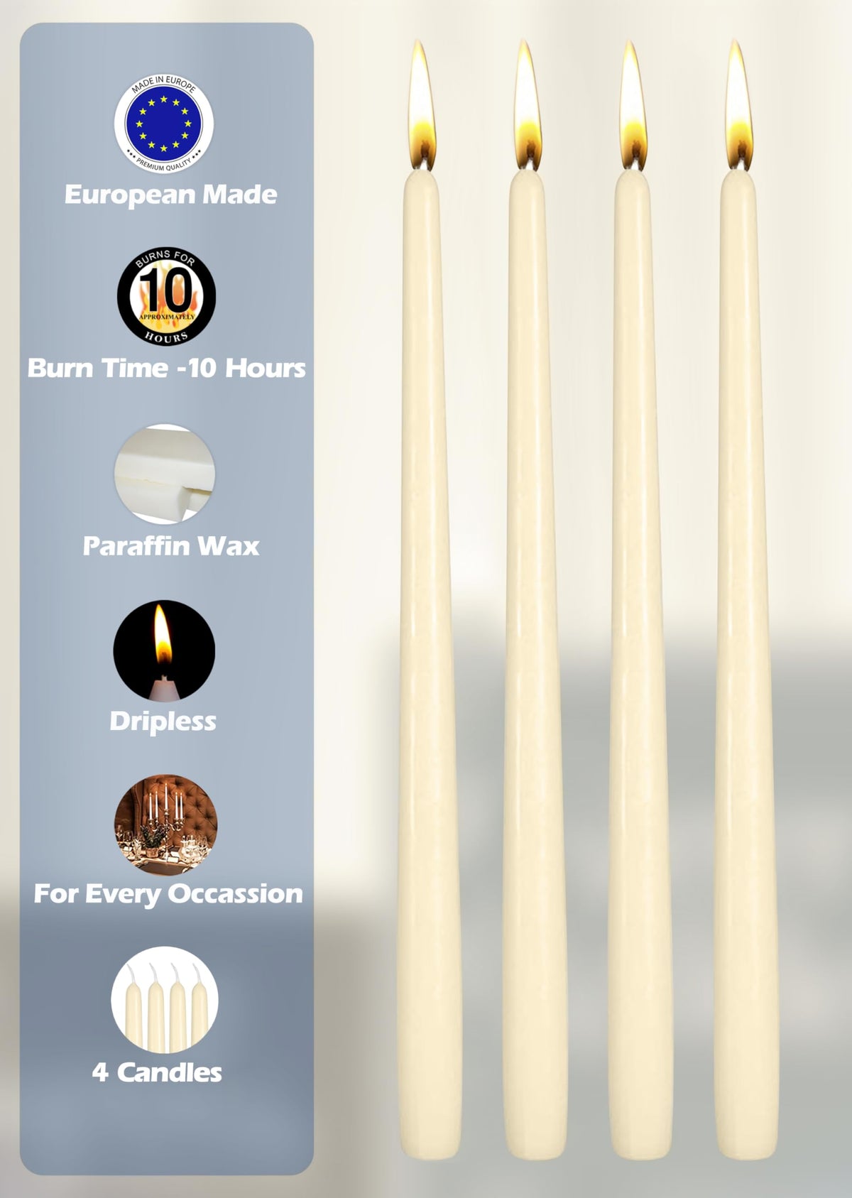 Hyoola Tall Taper Candles - 12 Inch Wool White Unscented Dripless Taper Candles - 10 Hour Burn Time - 4 Pack