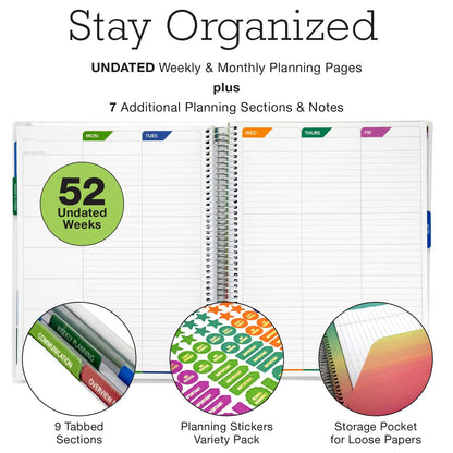 Elan Publishing Company DELUXE Undated Teacher Planner: 8.5x11 Includes 7 Periods, Page Tabs, Bookmark, Planning Stickers, Pocket Folder Daily Weekly Monthly Planner Yearly Agenda (Spring Floral)