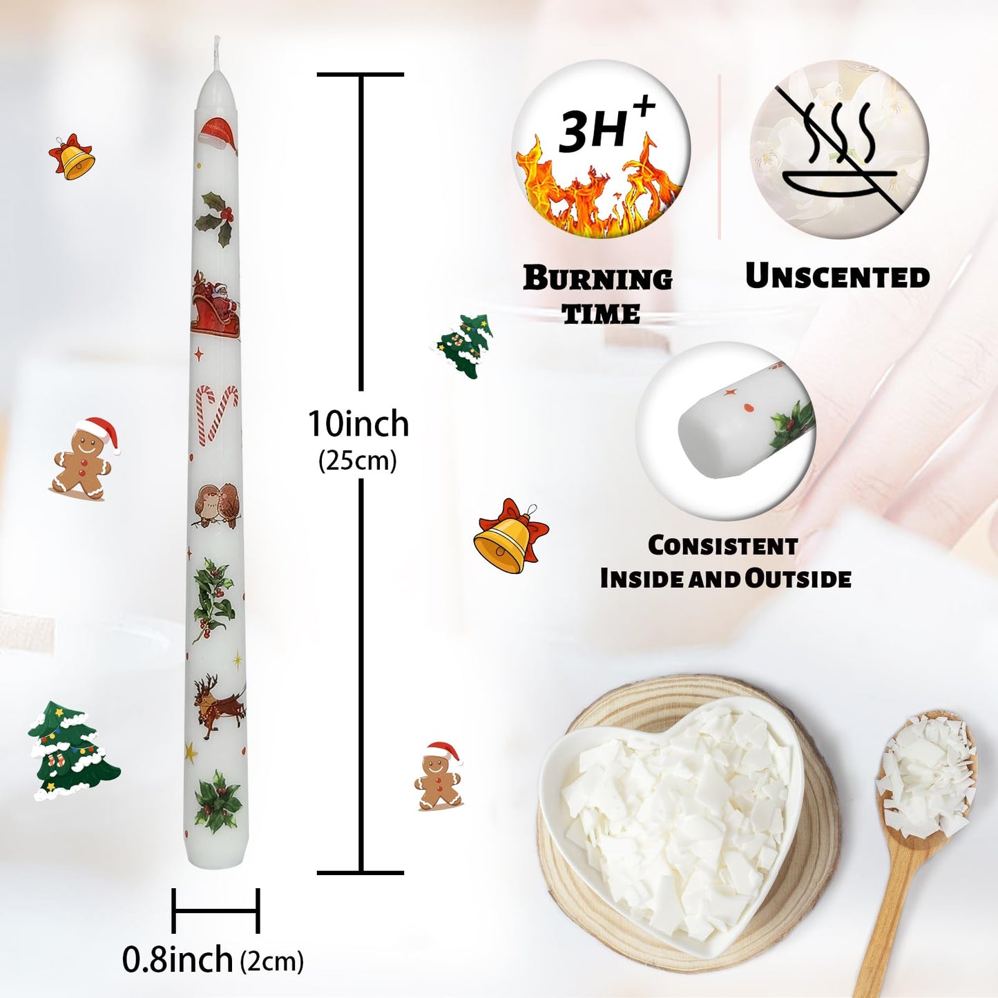 Floral Taper Candles 10 Inch Tall Unscented Handmade Christmas Deer Print Long Burning Elegant Candlesticks for Christmas Decor Gifts