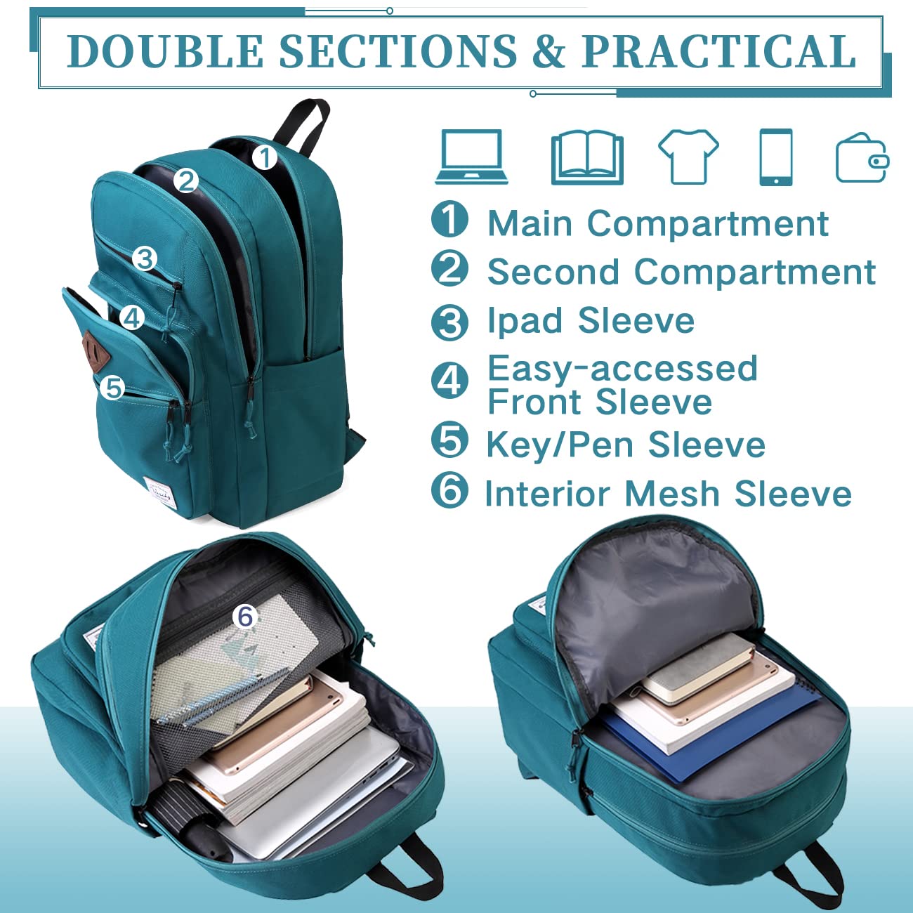 VASCHY School Backpack, Unisex Large Bookbag Schoolbag Casual Daypack for High School/College/Teens/Travel/Work for Men Women